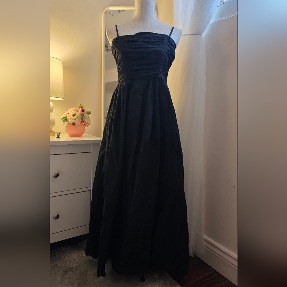NWOT American Eagle Ruched Front Black Cotton Maxi Dress Lined & Pockets - Large